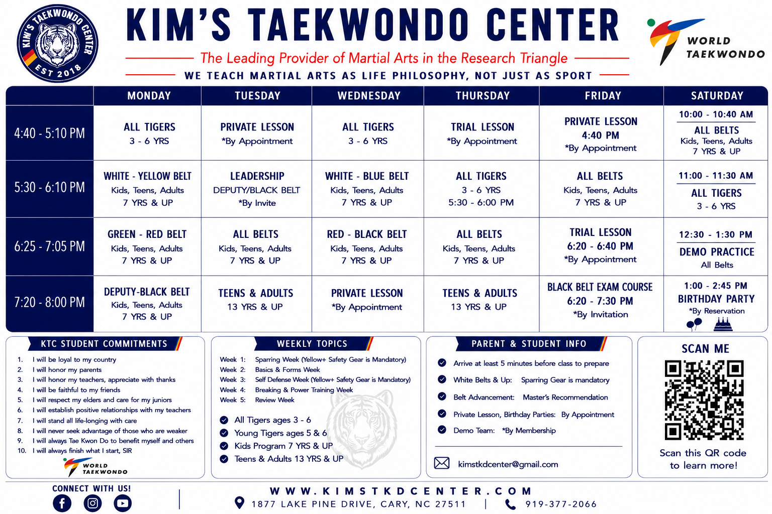 Kim's Taekwondo Center Class Schedule